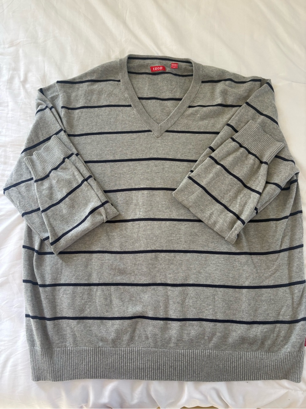 Izod Men’s 100% Cotton  V-Neck Grey casual Sweater with Navy Stripes size XXL